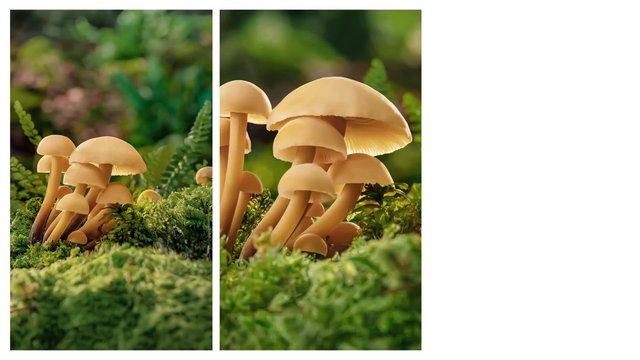 Video Reference: mushrooms, fungi, moss, forest, nature, close-up, greenery, plants, wildlife, woodland, macro, outdoors