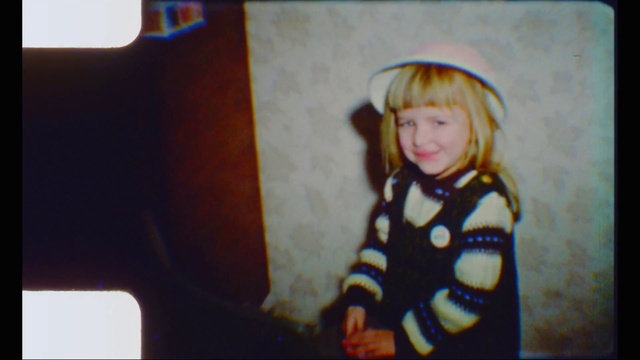 Video Reference: Smile, Flash photography, Tints and shades, Toddler, Fun, Happy, Bangs, Vintage clothing, Room, Pattern