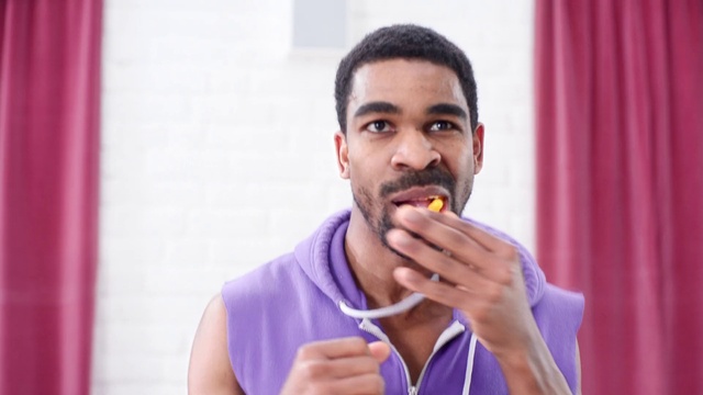 Video Reference: Clothing, Chin, Hand, Food, Mouth, Beard, Jaw, Gesture, Food craving, Happy