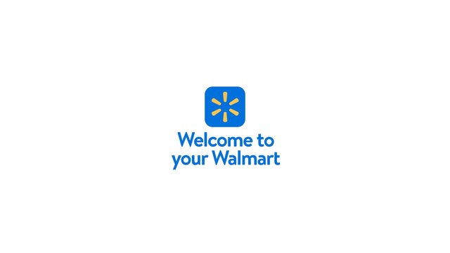 Video Reference: Walmart, logo, welcome screen, app splash screen, white background, brand, retail, blue text, centered