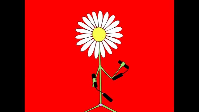 Video Reference: cartoon, flower, daisy, animated character, red background, simple illustration, white petals, green stem, abstract, character design, minimalist, toy-like, stylized, single subject