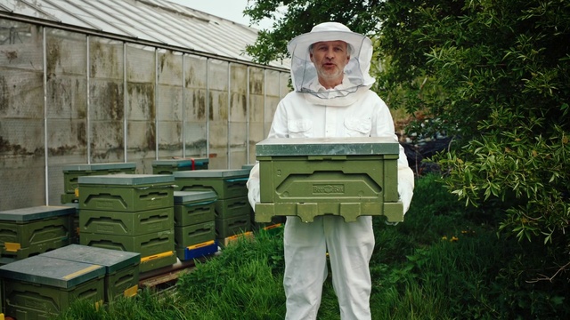 Video Reference: Beekeeper, Plant, Wood, Grass, Personal protective equipment, Sculpture, Hat, Soil, Shrub, Tree