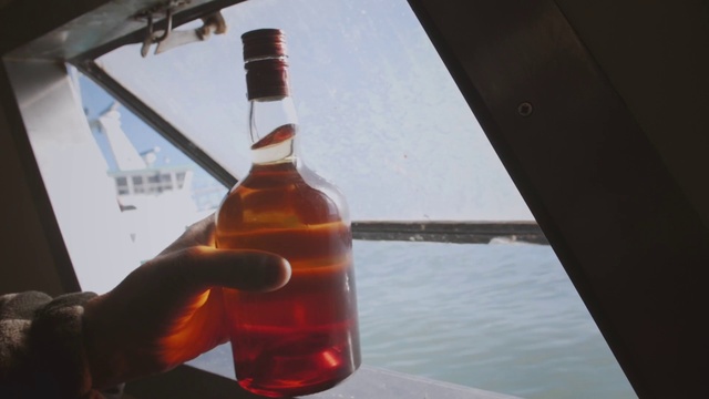 Video Reference: Liquid, Bottle, Drinkware, Solution, Fluid, Glass bottle, Barware, Amber, Alcoholic beverage, Beer bottle