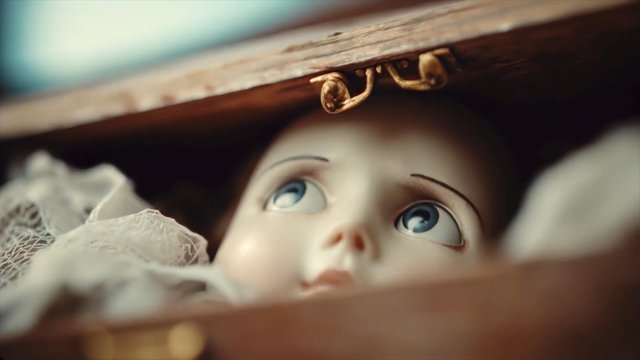 Video Reference: porcelain doll, wooden box, close-up, toy, lace fabric, vintage, still life, eyes, unsettling, macro, soft focus, antique