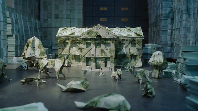 Video Reference: money, cash, banknotes, euro, origami, miniature, house, animal figurines, stacks, finance, wealth, art, surreal, indoor, close-up, creative