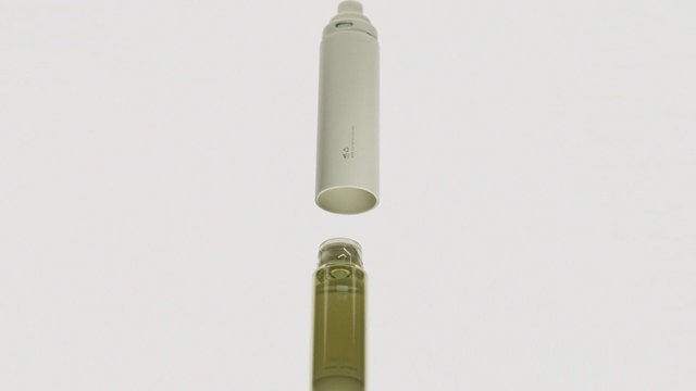 Video Reference: product shot, bottle, container, cosmetic, minimalist, white background, green, liquid, packaging, floating, studio, simple, isolated, clean, vertical