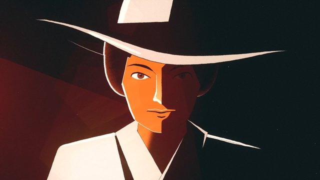 Video Reference: illustration, portrait, hat, wide-brimmed hat, person, close-up, stylized, dark background, light clothing, dramatic lighting, face, art