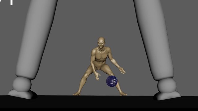 Video Reference: 3d render, humanoid, crouching, pose, character model, gray background, blue ball, pillar, animation, modeling, studio shot, fantasy