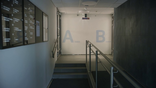 Video Reference: Fixture, Interior design, Floor, Flooring, Ceiling, Stairs, Space, Glass, Room, Composite material