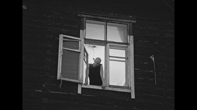 Video Reference: black_and_white, window, person, building, facade, open_window, interior_light, wooden_wall, portrait, leaning, architecture, moody, contrast, night, exterior, frame