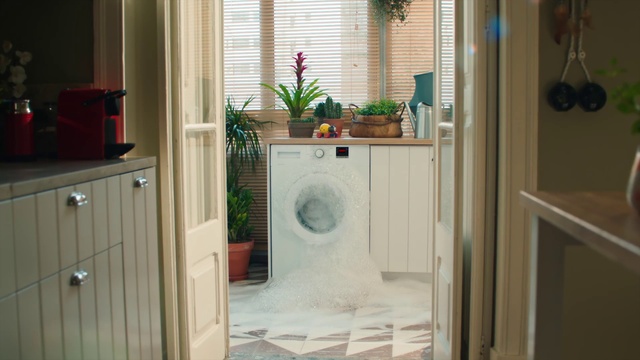 Video Reference: Furniture, Plant, Cabinetry, Window blind, Window, Houseplant, Plumbing fixture, Wood, Washing machine, Laundry room