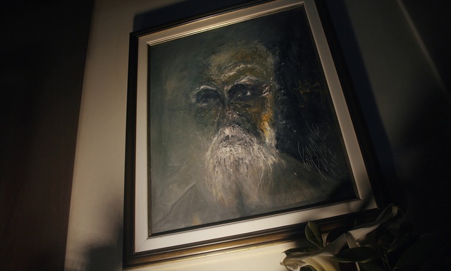 Video Reference: Picture frame, Beard, Facial hair, Dog, Art, Carnivore, Painting, Tints and shades, Wood, Glass