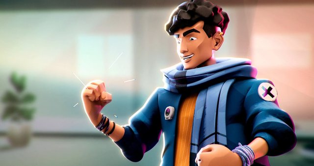 Video Reference: 3d, animated, character, young man, smiling, blue jacket, scarf, portrait, gesture, creative, digital art, colorful, close-up, cartoon, modern, indoor