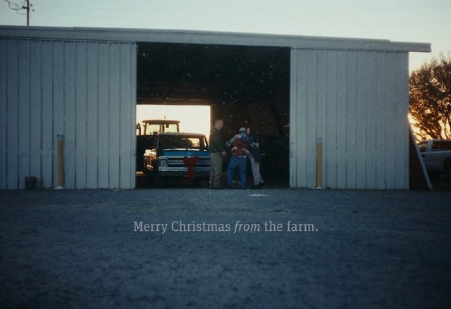 Video Reference: farm, barn, shed, truck, people, sunset, rural, holiday, christmas, outdoor, vehicle, family, doorway, text, winter, celebration