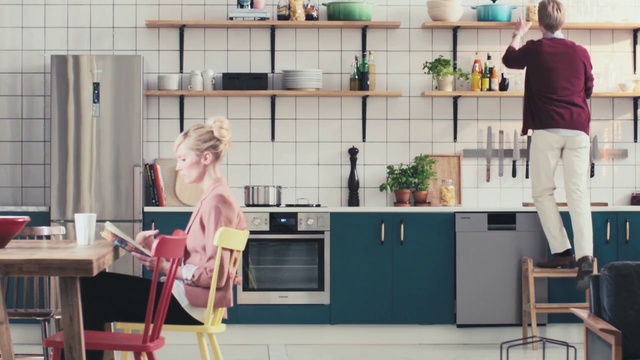 Video Reference: Arm, Cabinetry, Furniture, Kitchen, Interior design, Countertop, Chair, Building, Flooring, Kitchen appliance