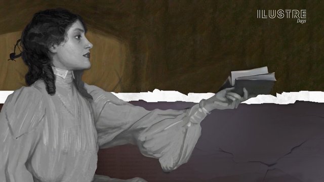 Video Reference: portrait, woman, book, profile, grayscale, painting, artwork, abstract background, historical style, illustration, side view, hand gesture, gallery art, logo, watermark