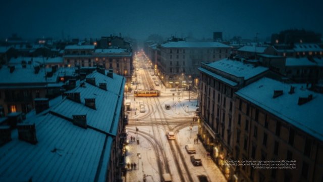 Video Reference: snow, city, street, aerial, winter, dusk, tram, cars, buildings, urban, night, traffic, intersection, rooftops, lights