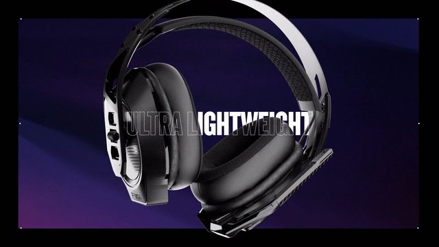 Video Reference: headphones, gaming headset, product shot, purple background, ultra lightweight, over-ear, audio, electronics, accessory, 3d render, advertisement, black