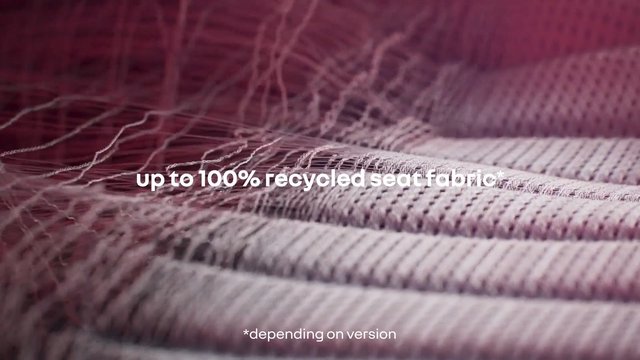 Video Reference: fabric, textile, woven, recycled, seat fabric, close-up, texture, pink, white, text overlay, material, eco-friendly, upholstery, macro, advertisement