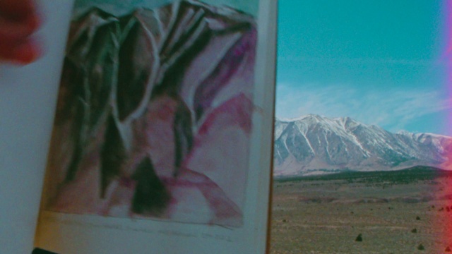 Video Reference: Sky, Paint, Rectangle, Art, Natural landscape, Grass, Tints and shades, Mountain, Landscape, Magenta