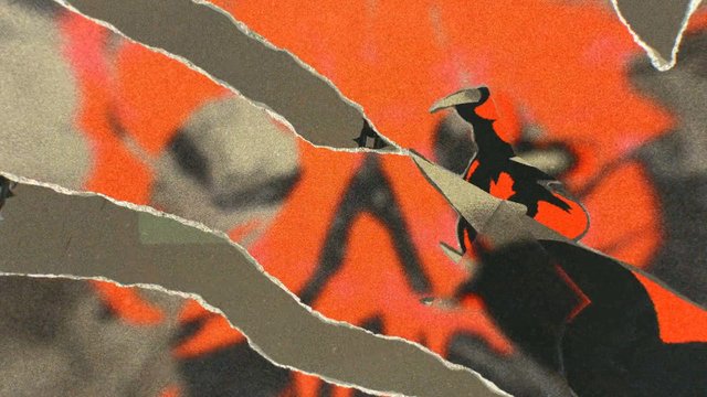 Video Reference: abstract, torn paper, collage, orange background, black shapes, texture, paper layers, grunge, artistic, close-up