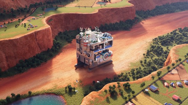 Video Reference: 3D render, futuristic machine, canyon, farmland, aerial view, landscape, robot, industrial, solar panels, wind turbines, terrain, village, red earth, science fiction, environment, concept art