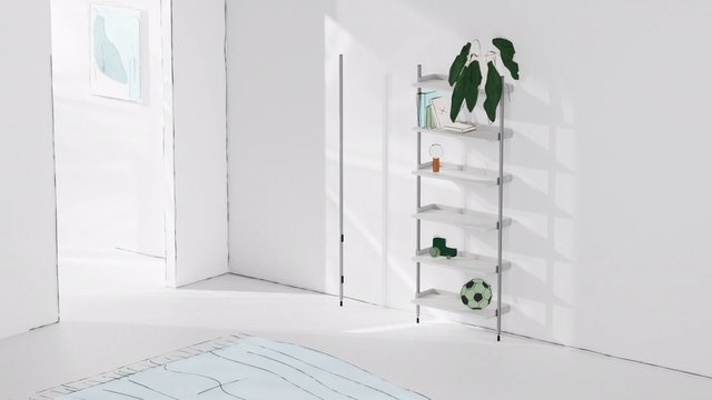 Video Reference: interior, minimalist, modern, white room, shelf, plant, books, decor, wall art, doorway, sunlight, home, clean, scandinavian, living space, furniture