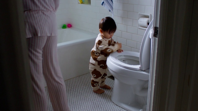 Video Reference: Plumbing fixture, Purple, Bathroom, Toilet, Toilet seat, Floor, Household supply, Plumbing, Flooring, Comfort