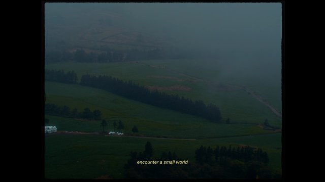 Video Reference: landscape, aerial, fog, fields, green hills, farmland, trees, countryside, mist, nature, hazy, subtitles, outdoors