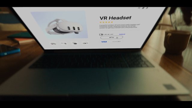 Video Reference: laptop, VR headset, product page, e-commerce, online shopping, technology, desk, website, payment icons, computer screen, retail, gadget, web design, home office