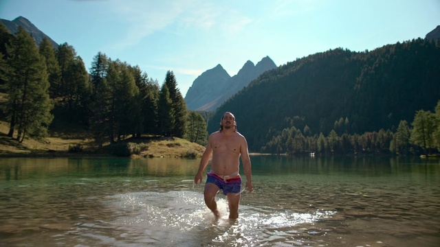 Video Reference: Water, Sky, Cloud, Tree, People in nature, Shorts, Lake, Mountain, Outdoor recreation, Watercourse