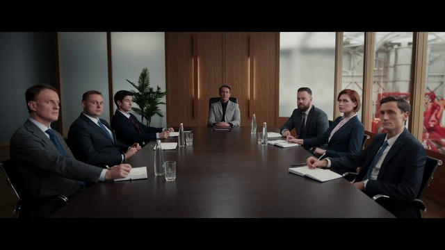 Video Reference: Table, Conference room table, Coat, Suit, Plant, Chair, Debate, Tie, Blazer, Formal wear