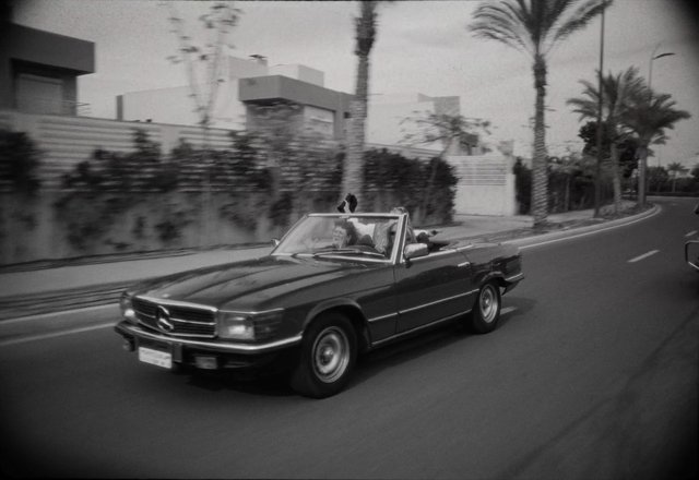 Video Reference: classic car, convertible, driving, road, palm trees, urban street, black and white, motion blur, vintage vehicle, outdoor, daylight, city, travel