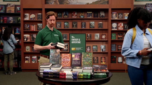 Video Reference: Outerwear, Table, Photograph, Shelf, Publication, Shelving, Customer, Bookcase, Book, Retail