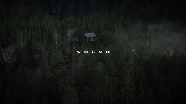Video Reference: forest, aerial view, cabin, trees, wilderness, woodland, dark, landscape, house, remote, volvo, overlay text