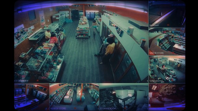 Video Reference: convenience store, grocery, security camera, surveillance, retail interior, aisles, counter, customers, store interior, overhead view, multi-camera, night, indoor, checkout, backroom, storefront