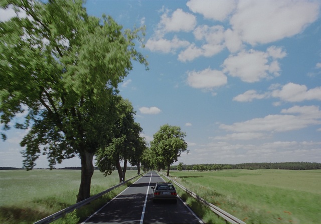 Video Reference: Cloud, Sky, Plant, Vehicle, Road surface, Natural landscape, Car, Asphalt, Tree, Grass