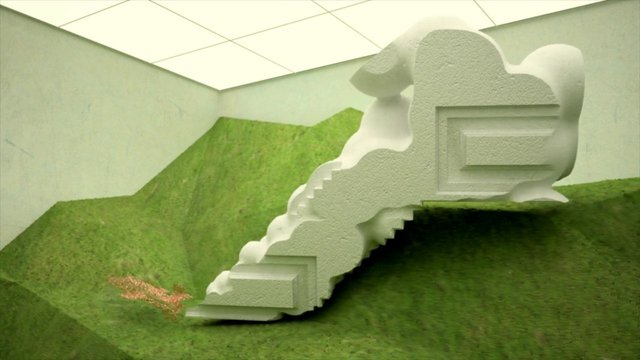 Video Reference: abstract, 3d render, geometric shape, sculpture, grass, indoor, room, ceiling lights, minimalist, terrain, installation, white object, artificial landscape, abstract art