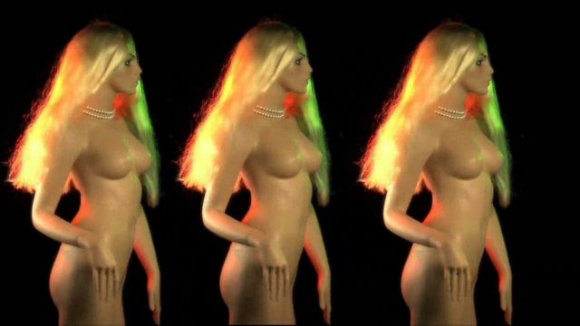 Video Reference: mannequin, nude, female, profile, three figures, black background, studio lighting, side view, artistic, duplicate, glamour