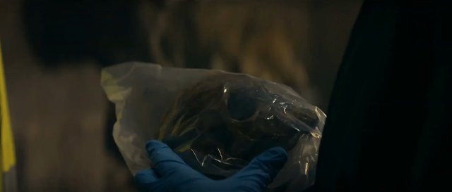 Video Reference: gloved hand, plastic bag, dark object, indoor, close-up, dimly lit, mystery, inspection, evidence, handheld, low light