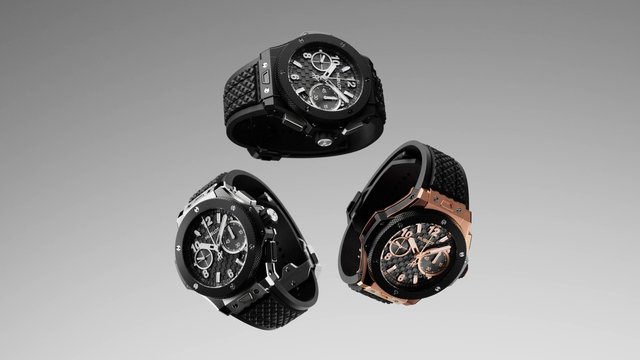 Video Reference: wristwatch, luxury watch, watch display, product shot, timepiece, black strap, rose gold, silver, chronograph, fashion accessory, isolated, gray background, studio lighting, three watches, close-up, premium