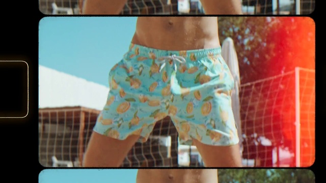 Video Reference: Shorts, Trunks, Window, Waist, Thigh, Rectangle, Font, Street fashion, Swimwear, Aqua