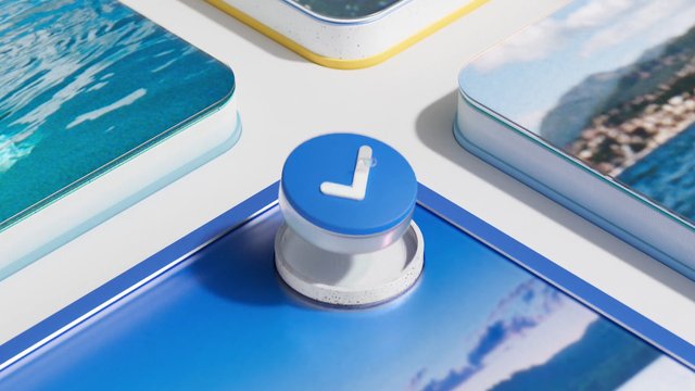 Video Reference: 3D render, check mark, button, blue, white, tiles, ocean, water, landscape, graphic design, close-up, rounded rectangles, minimalist, interface, decorative, abstract