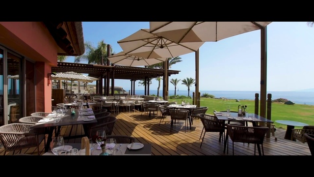 Video Reference: Table, Furniture, Sky, Outdoor table, Shade, Chair, Outdoor furniture, Wood, Building, Umbrella
