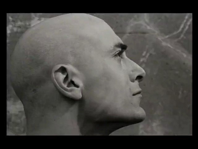 Video Reference: black and white, profile, close-up, bald man, portrait, side view, face, looking right, monochrome, head, human, studio-like, textured background