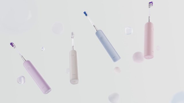 Video Reference: electric toothbrush, toothbrush, oral care, hygiene, pastel colors, pink, blue, purple, product display, clean background, minimal, floating objects, personal care, consumer product