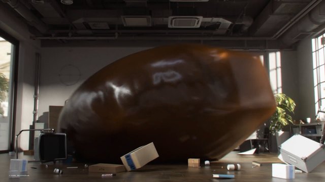 Video Reference: indoor, studio, office, abstract, blob, glossy, brown, floor, boxes, messy, windows, sunlight, modern, interior, surreal, motion