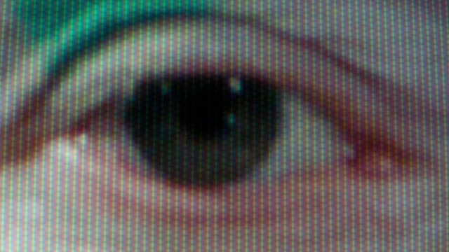 Video Reference: Head, Eye, Human body, Iris, Eyelash, Electric blue, Circle, Pattern, Font, Symbol