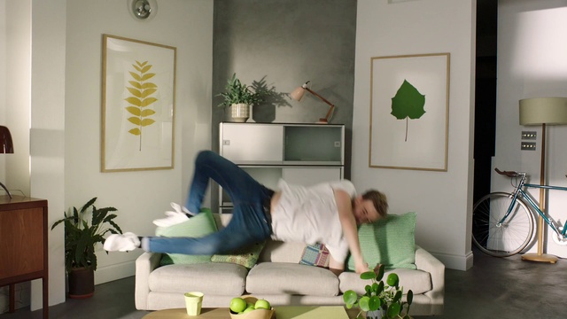 Video Reference: Plant, Property, Bicycle, Bicycle wheel, Green, Couch, Building, Comfort, Houseplant, Interior design