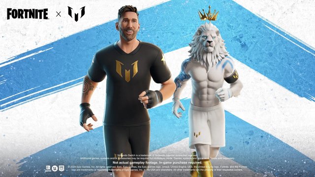 Video Reference: Fortnite, video game, promotional art, game characters, male character, lion character, sportswear, blue background, white background, logo, fantasy, digital illustration, advertisement, game crossover